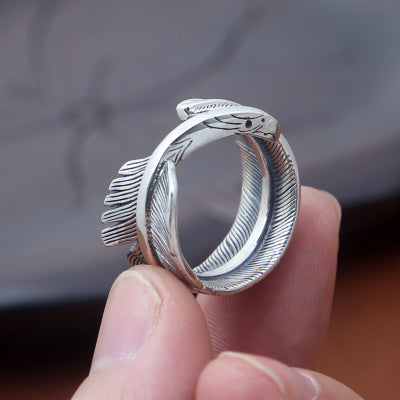 High Quality Silver Retro Eagle Feather Adjustable Ring